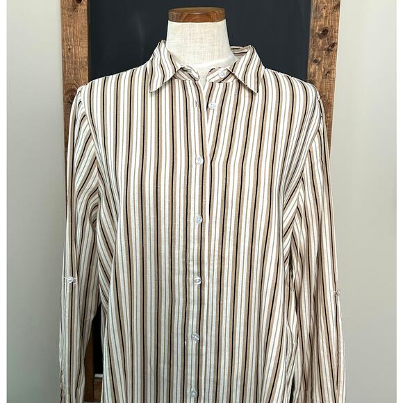Jessica London Striped Linen Button Down Shirt 16 W Tunic Minimalist Neutral - Picture 12 of 13
